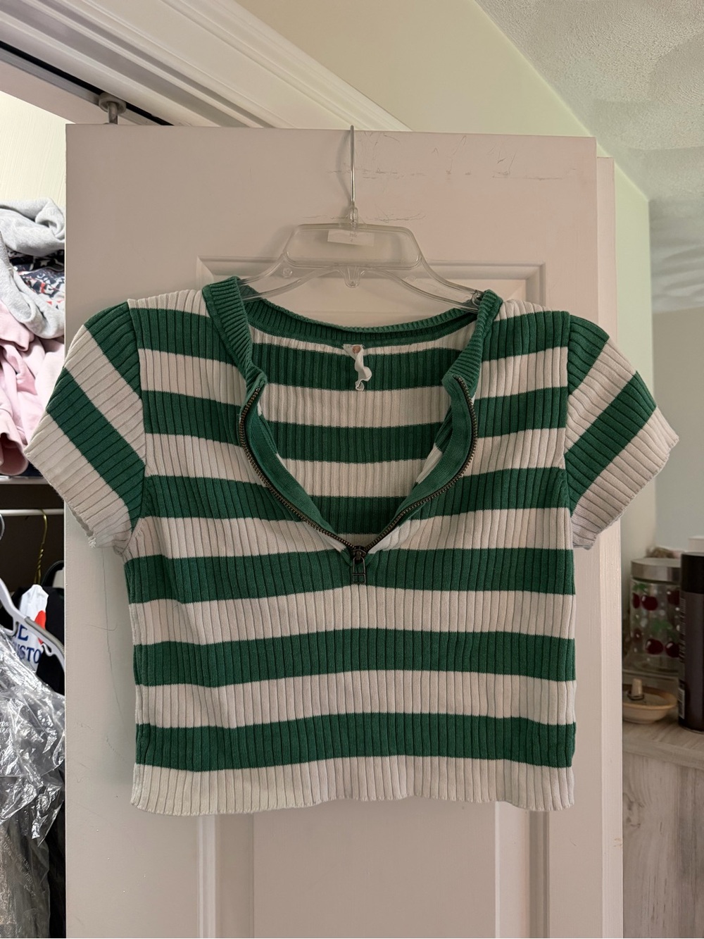 Striped Green & White Zip-Front Ribbed Crop Top
